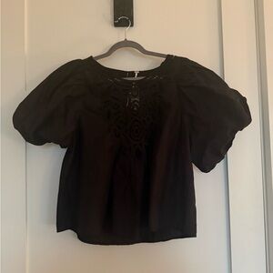 Free People Black Puff Sleeve Blouse with Bib Collar
